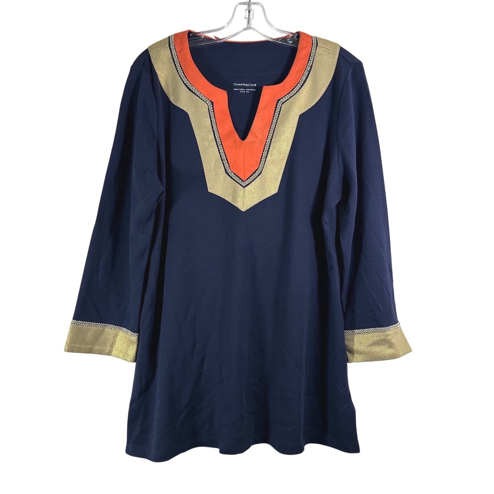 Charter Club Womens XL Navy Blue Cotton Tunic Top Gold Orange Metallic Trim